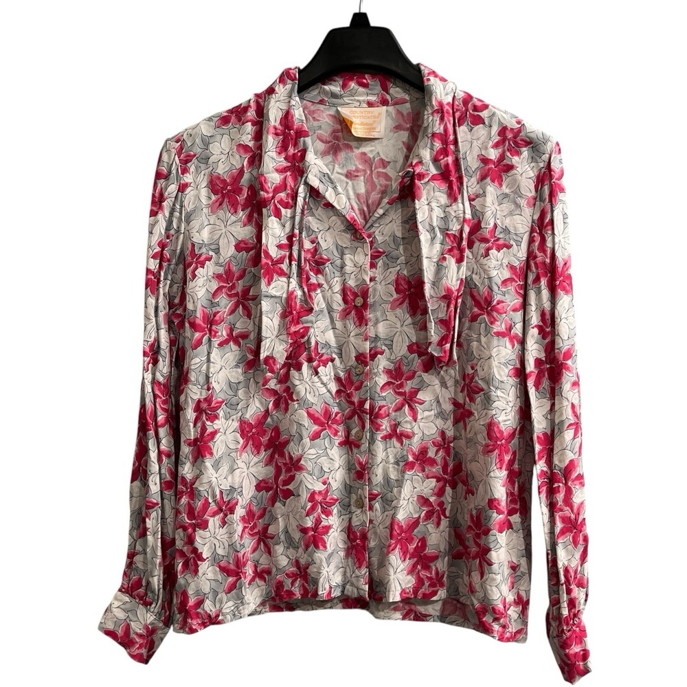 Vintage Pendleton Top Women 14 Gray Pink Floral Button Down Tie Neck Cottagecore